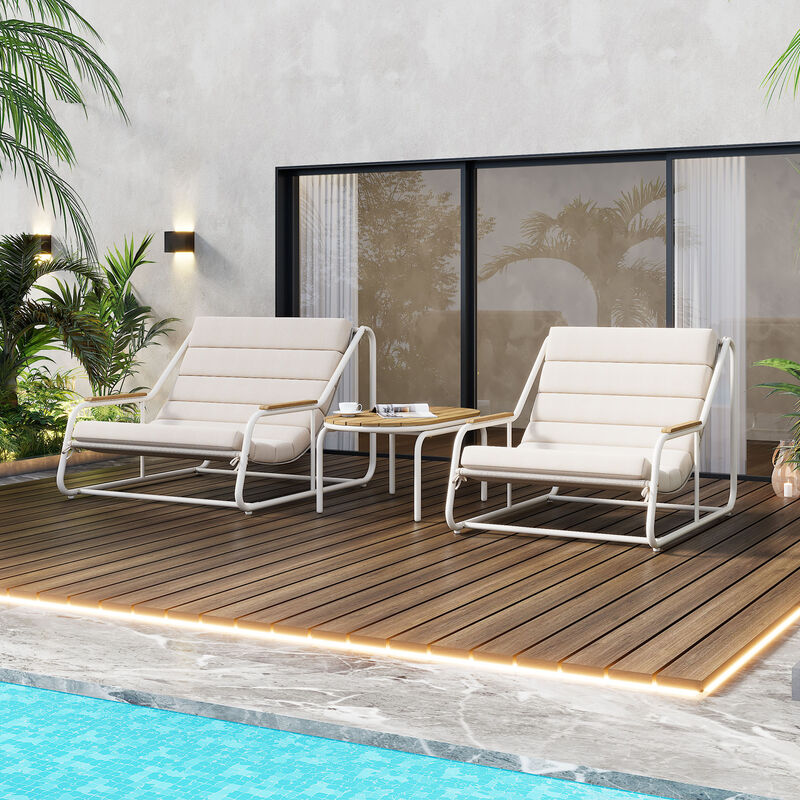 Clihome Outdoor Chaise Lounge Chairs Set of 3, Patio Chaise Lounge Chair with Acacia Side Table, Pool Lounge Chairs for Lawn, Deck, Beach