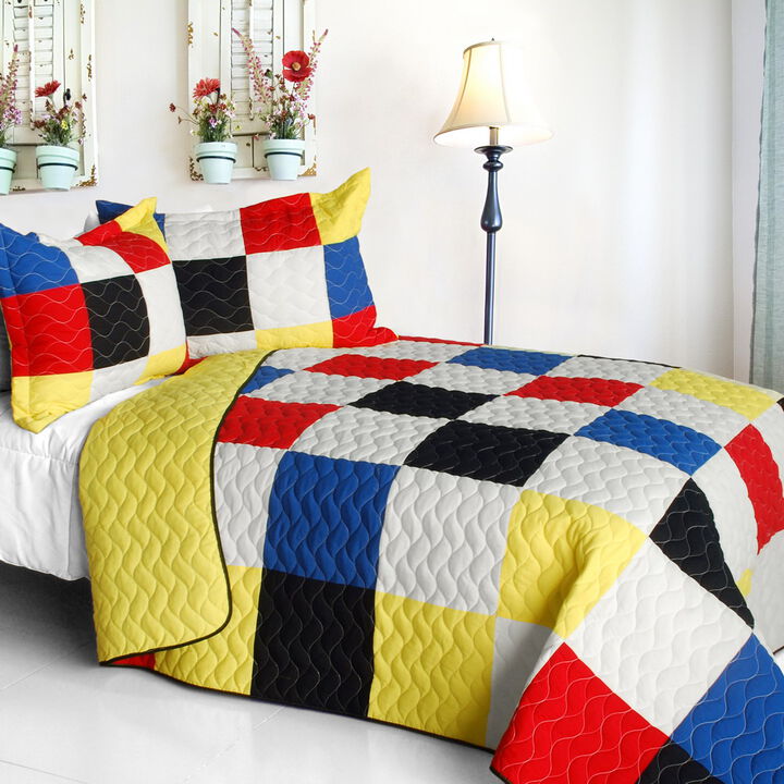 Queen Size Patchwork Plaid Quilt Set with Vermicelli Quilted Texture-Multicolor