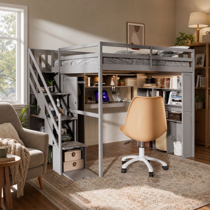 Whisen Full Loft Bed with Wardrobe Desk Shelves, Solid Wood Space-Saving for Bedroom Kids