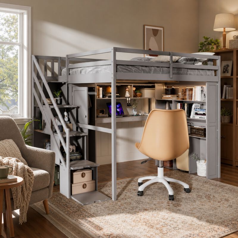 Whisen Full Loft Bed with Wardrobe Desk Shelves, Solid Wood Space-Saving for Bedroom Kids image number 1