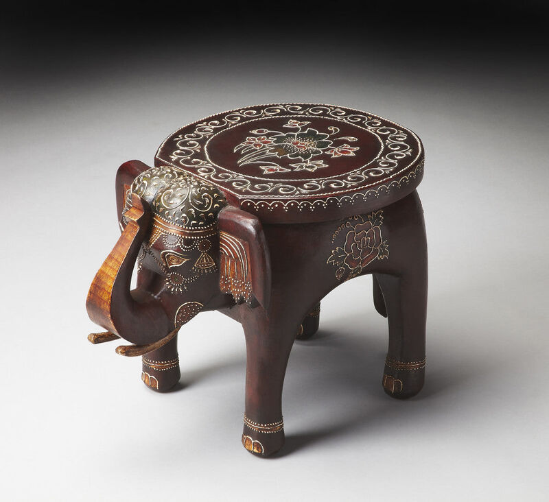 Homezia 15" Warm Brown Hand Painted Floral 3D Elephant End Table
