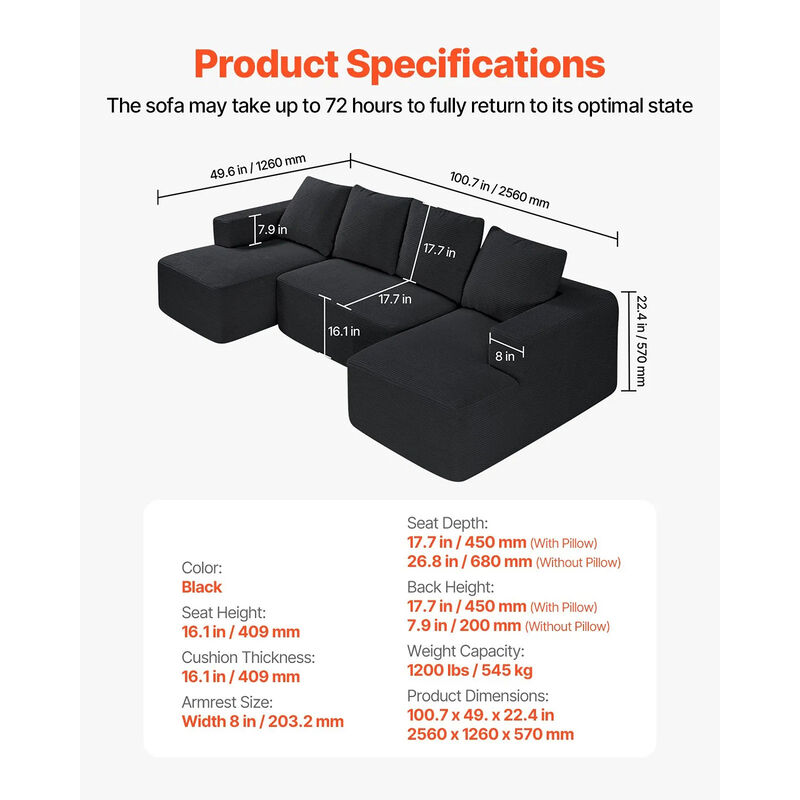 U Shaped Modular Sectional Sofa with Chaise and Cushions, Corduroy Sofa Couch image number 2