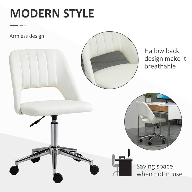 Modern Mid Back Office Chair with Velvet Fabric, Swivel Computer Armless Desk Chair with Hollow Back Design for Home Office, Cream White image number 5