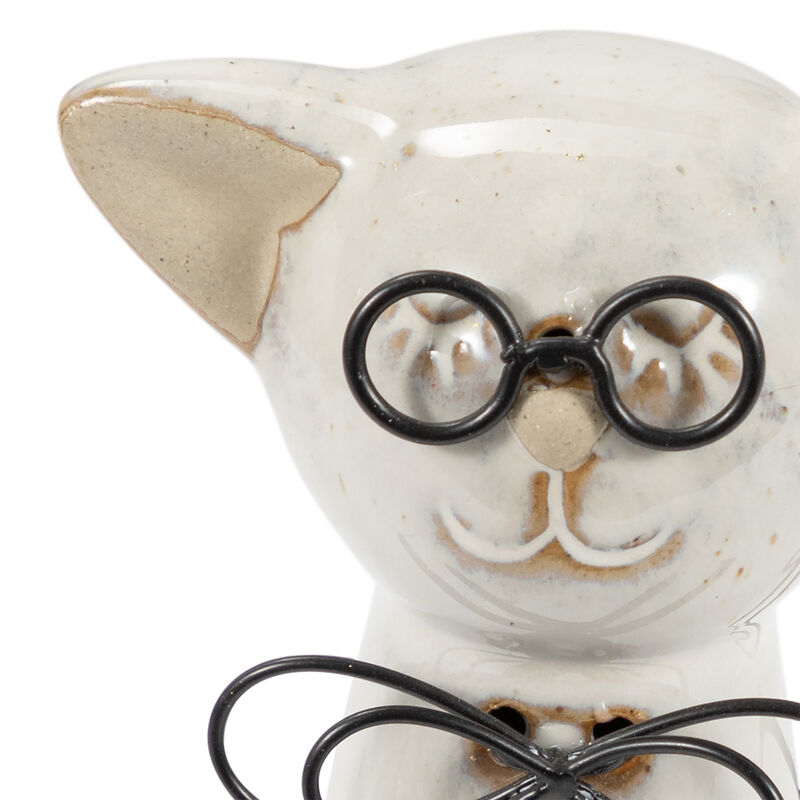 Cer, 7"h Cat W/ Glasses, Beige