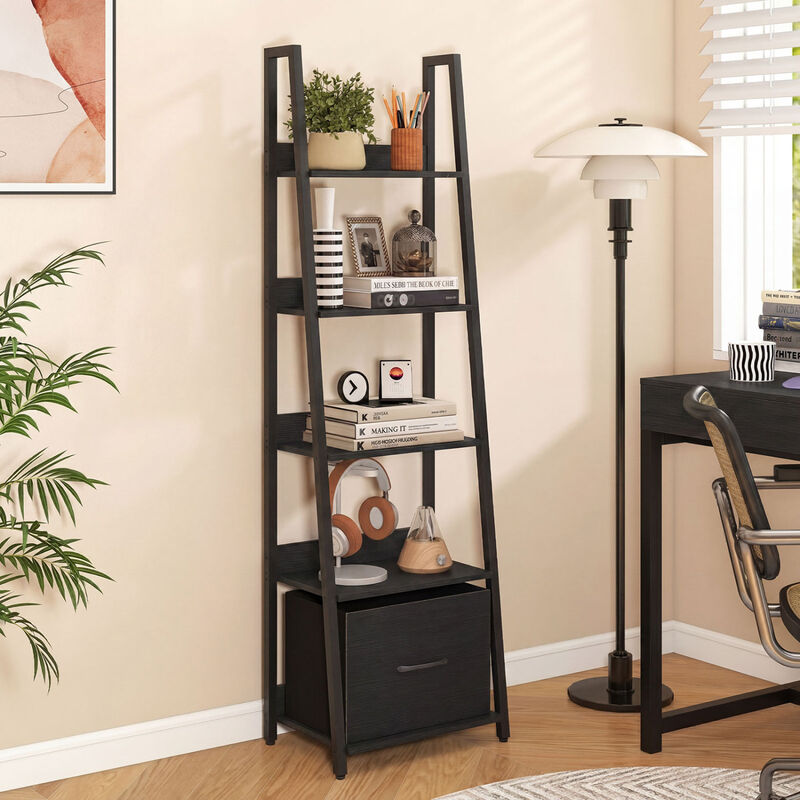 Modern 5-Tier Ladder Bookshelf with Fabric Storage Drawer image number 4
