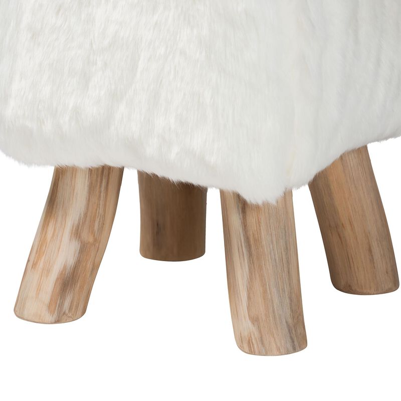 bali & pari Scotlyn Faux Fur Footstool with Teak Wood Legs - Rustic Boho Accent Seat, Handmade Decorative Footrest for Living Room or Bedroom, White image number 2