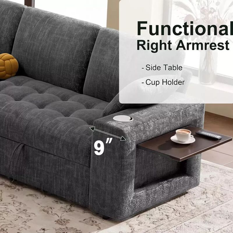 Vipbear 110" Modular Sectional Sleeper Sofa, Pull Out Bed, 7-Seat Chenille L-Shaped Couch, Storage image number 6