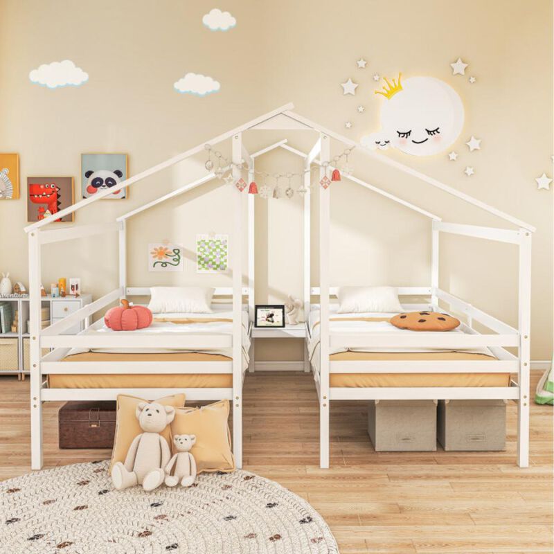 Hivvago Double Twin Size Wooden Bed Frames with Built-in Table for Kids