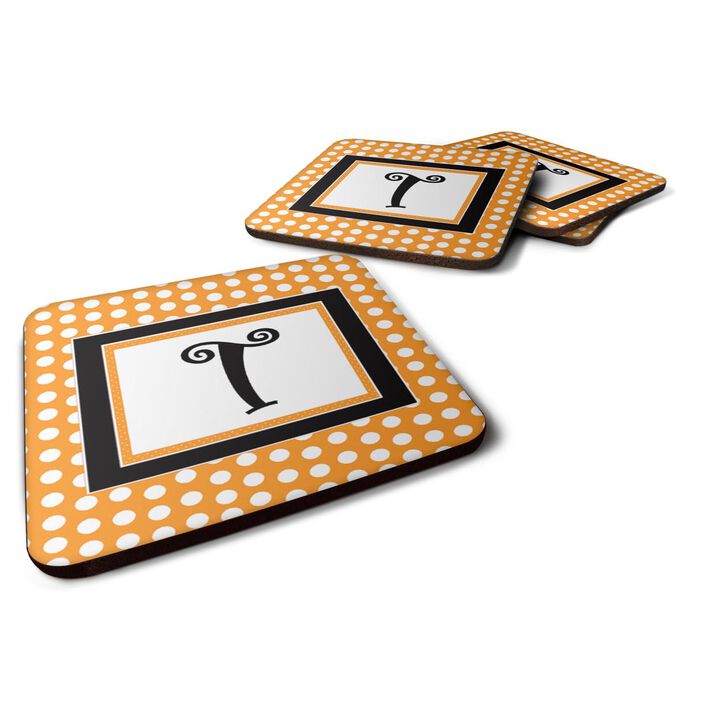 Caroline's Treasures CJ1033-TFC Monogram-Orange Polkadots Foam Coasters (Set of 4), Initial Letter T, 3.5 H x 3.5 W, Multicolor