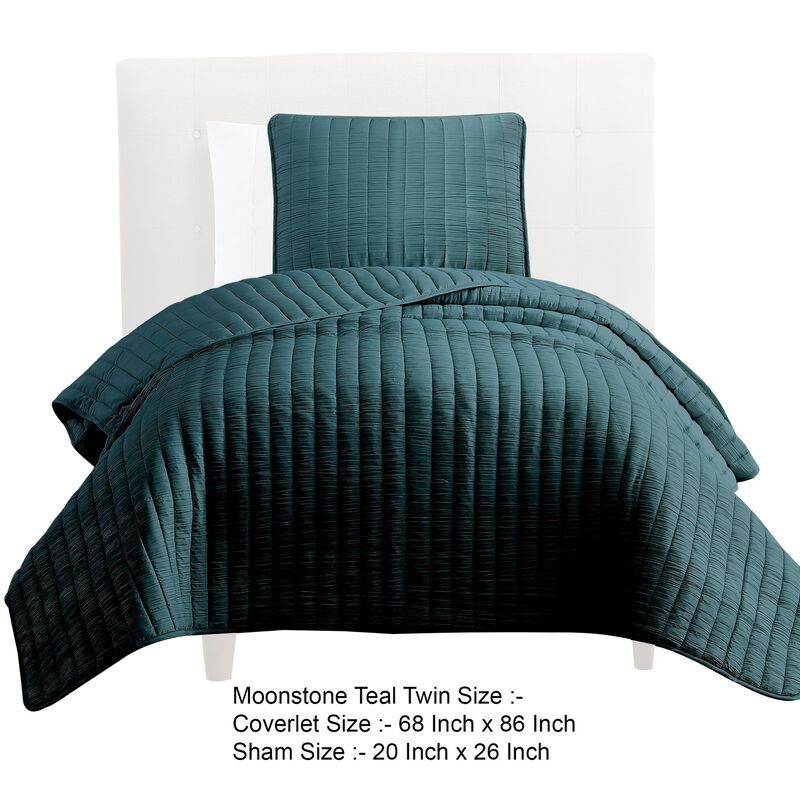 Elia Twin Contemporary Quilt Coverlet Set with Crinkle Texture, Teal Green - Benzara
