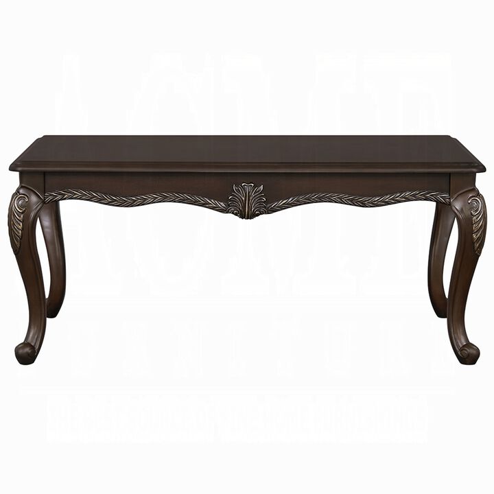 Reese Coffee Table, European Carved Classic Cherry Brown Wood, 48 Inch