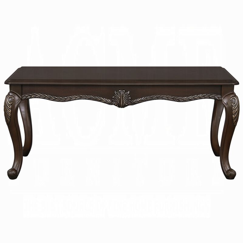Reese Coffee Table, European Carved Classic Cherry Brown Wood, 48 Inch