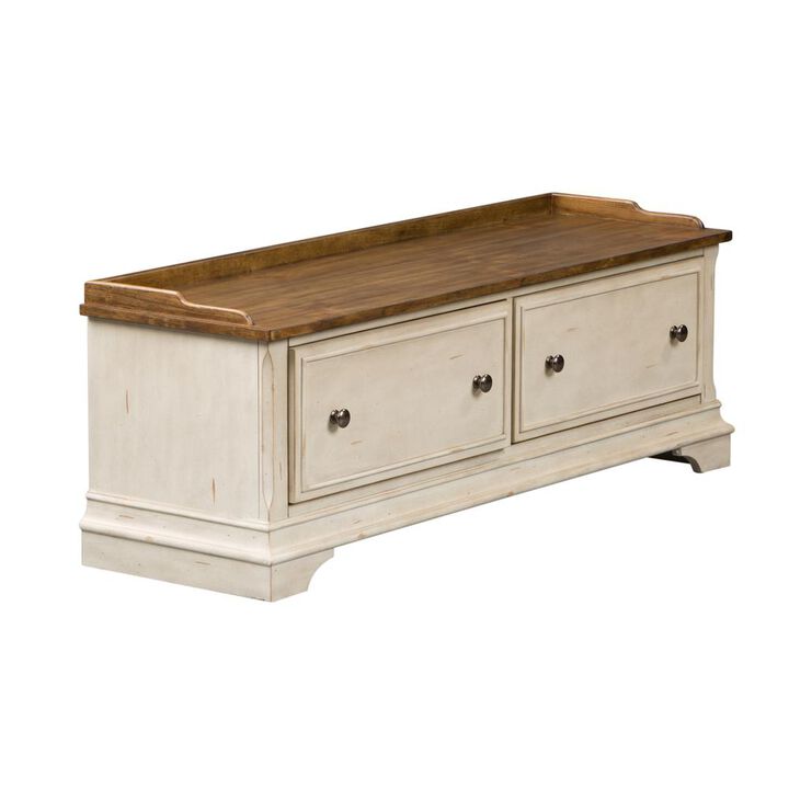 Liberty Furniture Morgan Creek Storage Hall Bench in Antique White w/ Wirebrushed Tobacco Accents