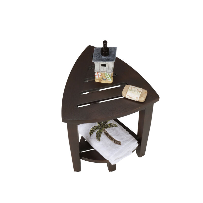 DecoTeak SnazzyCorner 15" Teak Wood Corner Shower Bench with Shelf in Woodland Brown Finish