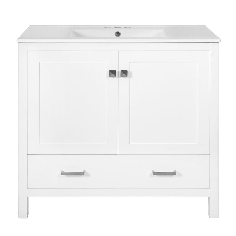 Merax Bathroom Vanity with Ceramic Sink Soft-Close Doors & Divided Drawer 2 Storage Shelves Modern Storage Cabinet image number 0