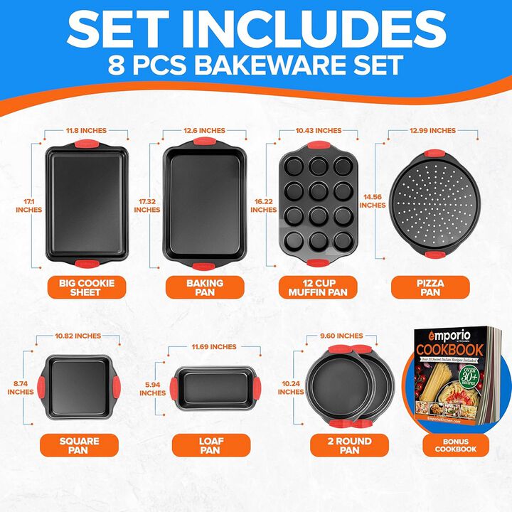 Baking Pan Set - Nonstick Coating, Carbon Steel Bakeware Set with Red Silicone Handles, PFOA, PFOS, PTFE Free, Recipe Booklet Included, Oven Safe Tray (Up To 450° F), Set of 8 - Black