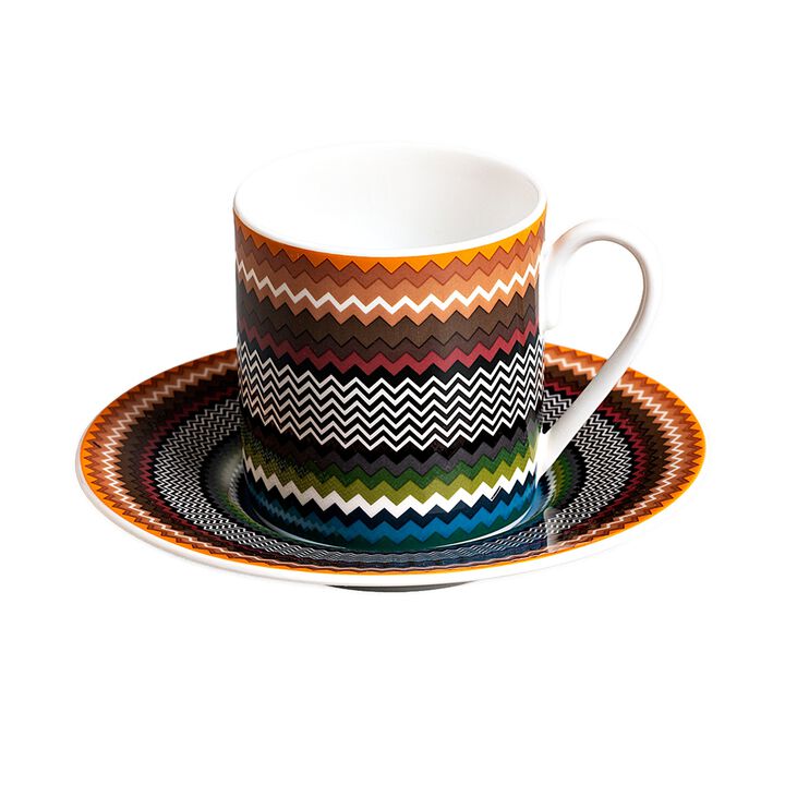 Coffee Cup & Saucer ZIG ZAG FOLIAGE Set of 2, cup diam. 2.36", H 2.4", saucer diam. 4.72"
