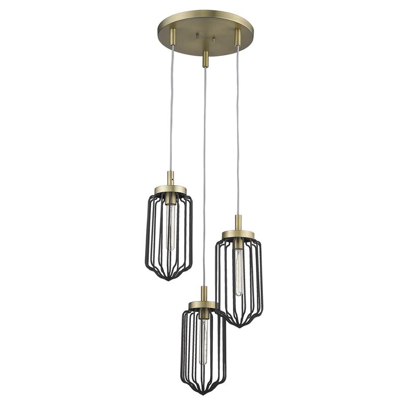 HomeRoots Gold Caged Three Light Metal Dimmable Chandelier With Black Shades image number 2