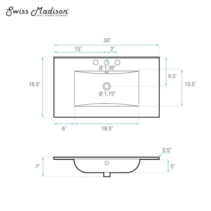30" 3-Hole Widespread Vanity Sink Top in Glossy White image number 3