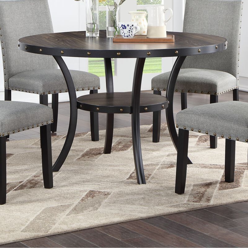 Dining Room Furniture Natural Wooden Round Dining Table 1pc Dining Table Only Nailheads and Storage Shelf