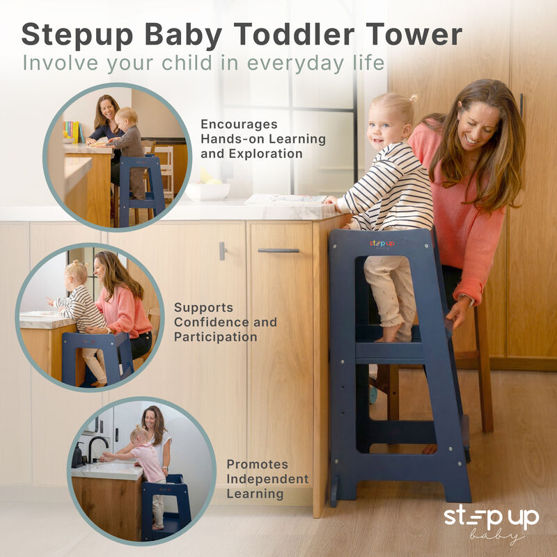 Stepup Baby&reg; Adjustable Toddler Tower - Blue Wooden Step Stool for Kids | Toddler Standing Tower with Child-safe Chopper & Chopping Board for 18M-4Y image number 2