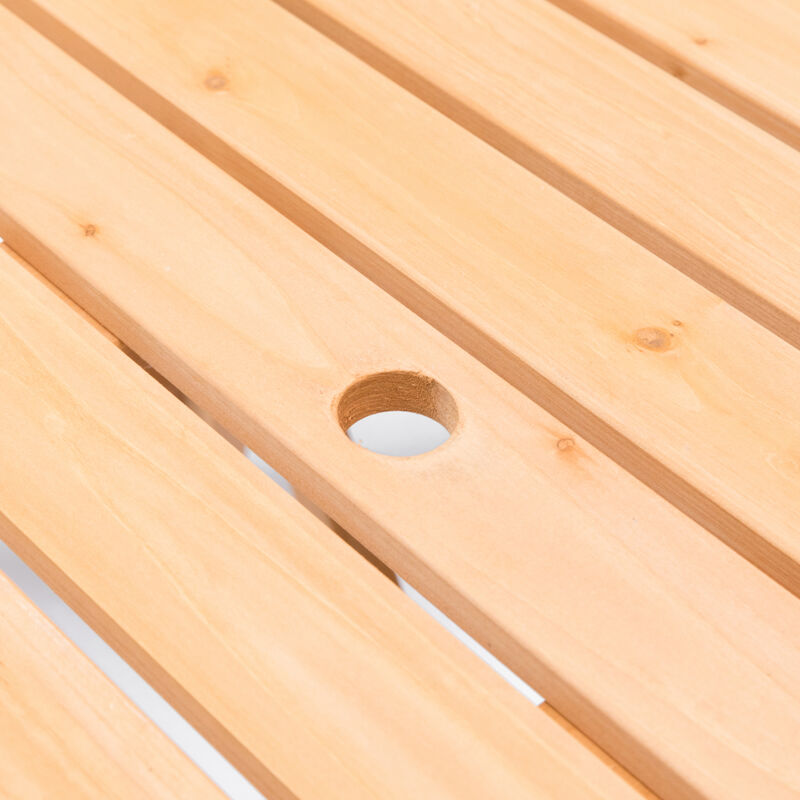 Wooden Outdoor Round Picnic Table with Bench for Patio, 6- Person with Umbrella Hole - Stained