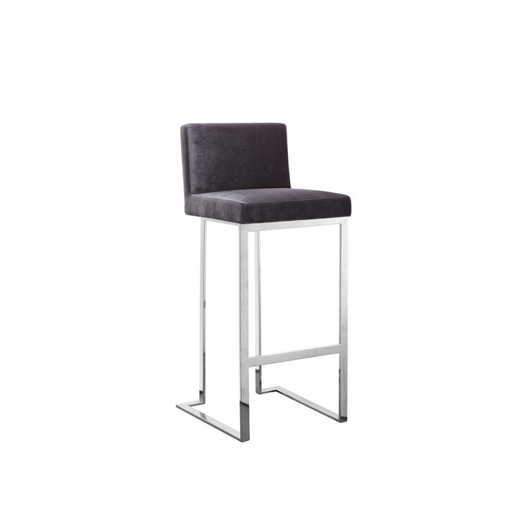 Boly 30 Inch Barstool Chair, Gray Velvet, Foam Cushions, Chrome Steel - Benzara