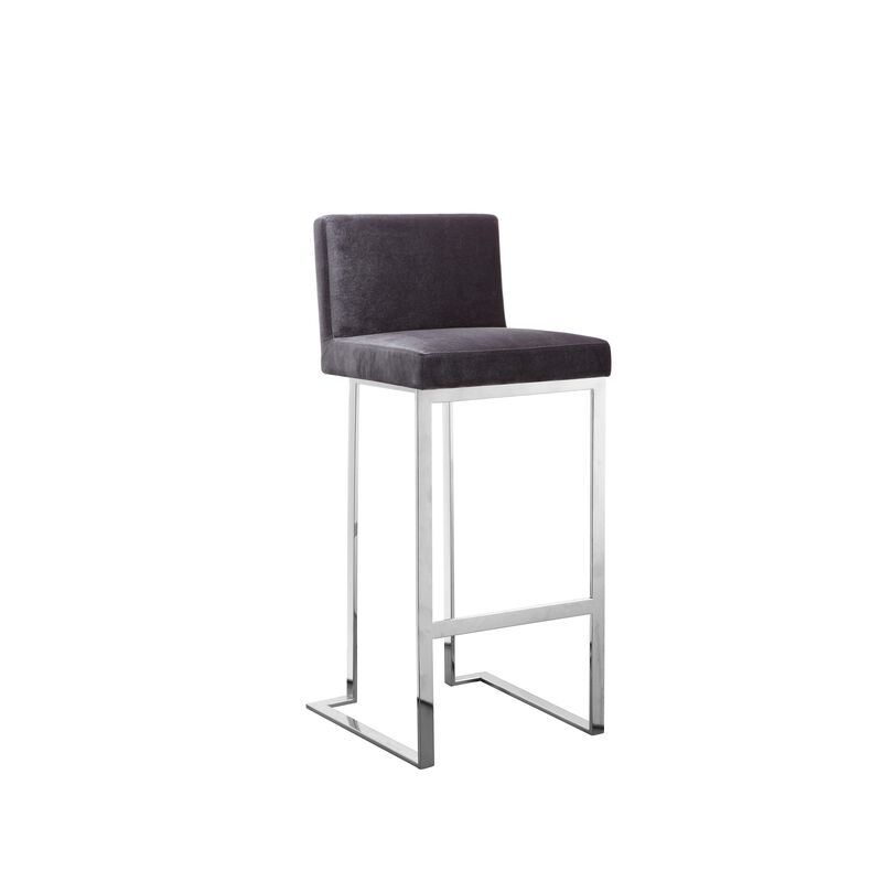 Boly 30 Inch Barstool Chair, Gray Velvet, Foam Cushions, Chrome Steel - Benzara