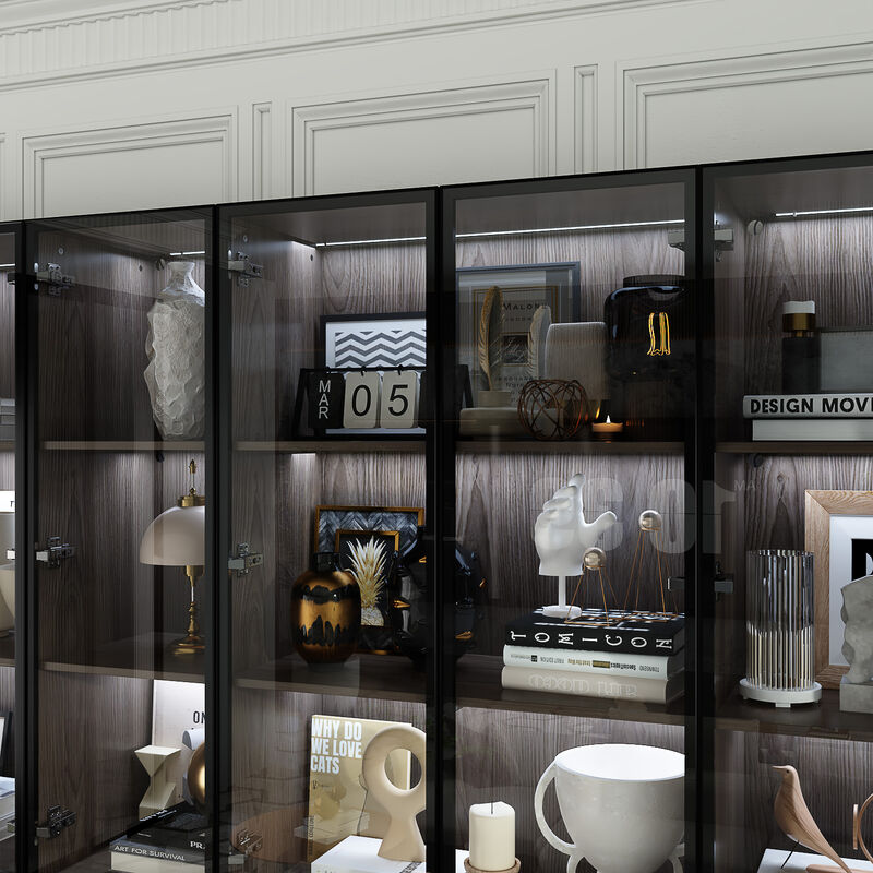 FUFU&GAGA Modern Wood Grain Cabinet with 6 Drawers, Black Aluminum Glass Doors & LED Strip Lights (94.4&rdquo;W x 15.7&rdquo;D x 78.7&rdquo;H), Walnut Finish