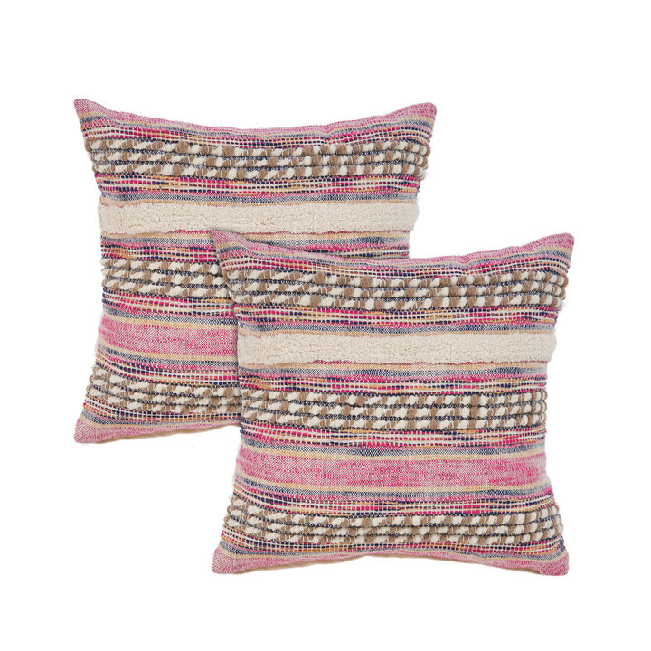 HomeRoots Set of Two Pink Striped Cotton Throw Pillows With Fringe