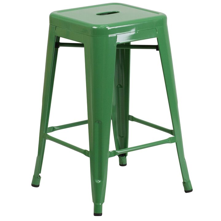 Flash Furniture Kai Commercial Grade 24" High Backless Green Metal Indoor-Outdoor Counter Height Stool with Square Seat