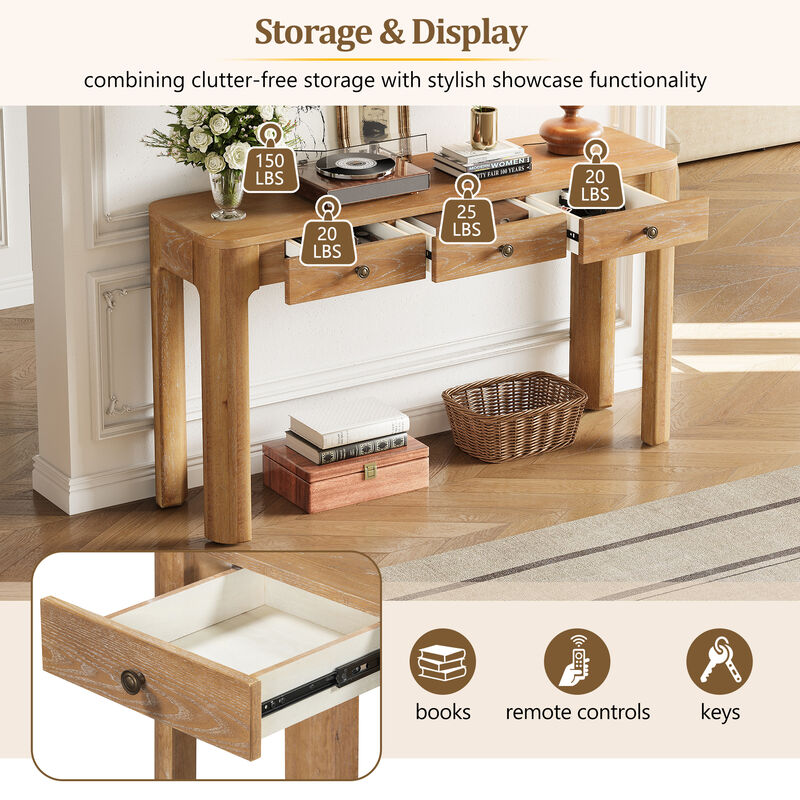 Whisen 52" Rustic Console Table with 3 Drawers, Solid Wood MDF, Sturdy Sofa Table for Entryway Living Room Hallway image number 4