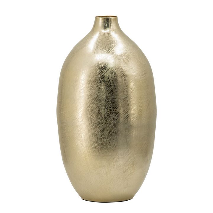 Pansy 19 Inch Modern Vase, Metal, Tall Curved Bottleneck Shape, Gold Finish - Benzara