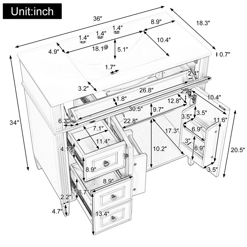 Merax Freestanding Bathroom Storage Vanity with Gold-Tone Handles, 2 Drawers & Cabinet image number 3