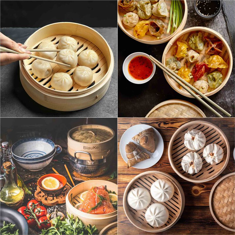 2-Tier Bamboo Steamer for Cooking Dumplings, Vegetables, Meat, Fish, Rice - Bamboo Steamer Basket 10 Inch with 2 Pairs Chopsticks, Tongs and 50 Paper Liners