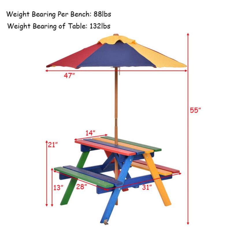 Hivvago Outdoor 4-Seat Kids Picnic Table Bench Set with Removable Umbrella