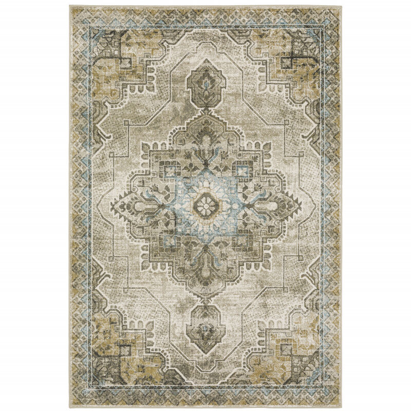 4 X 6 grey Blue Beige And gold Oriental Power Loom Stain Resistant Area Rug