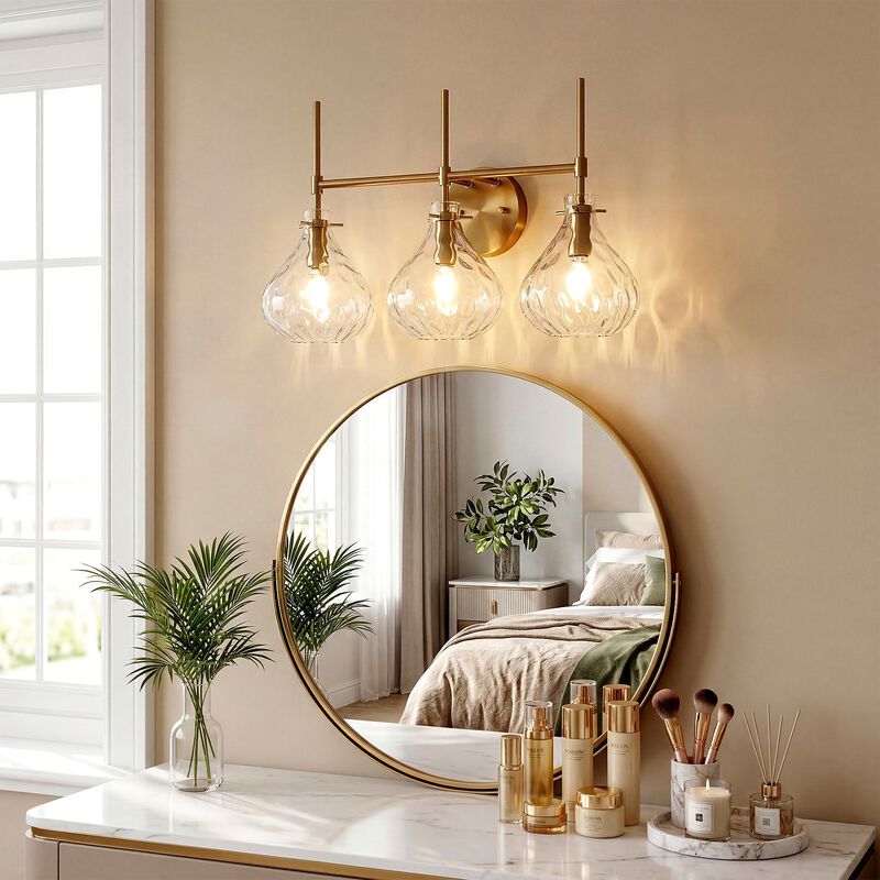 Bathroom Vanity Light, Three-Light Water Ripple Glass Shades image number 3