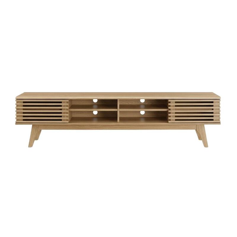 Brown wood entertainment center with spacious TV stand and sleek design image number 1