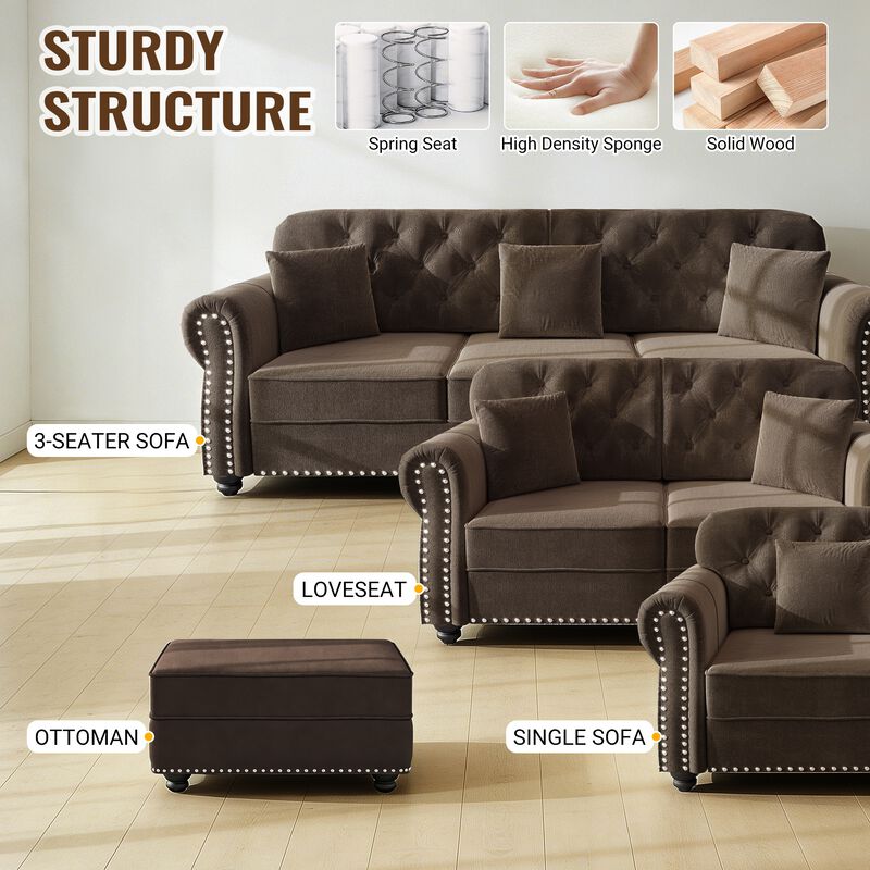 Whisen 3 Seat Velvet Sofa with 3 Ottomans, Nailhead Trim, Mid-Century Modern, for Living Room image number 5