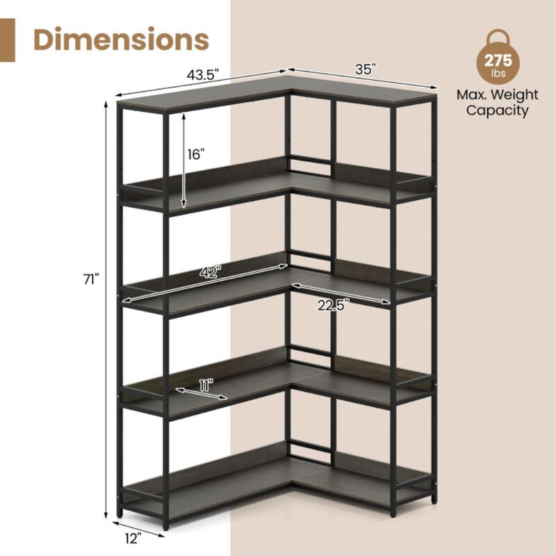 Hivvago Corner Bookshelf 5-Tier L-Shaped Bookcase Etagere Bookshelf with Metal Frame