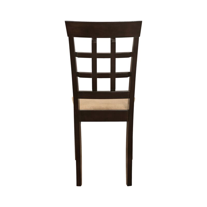 17 Inch Side Dining Chair, Set of 2, Lattice Back Brown Wood, Tan Fabric - Benzara image number 5