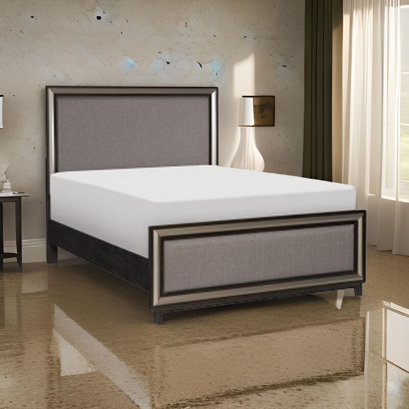 Uri Queen Size Platform Bed, Silver Banding, Polyester Upholstery, Black