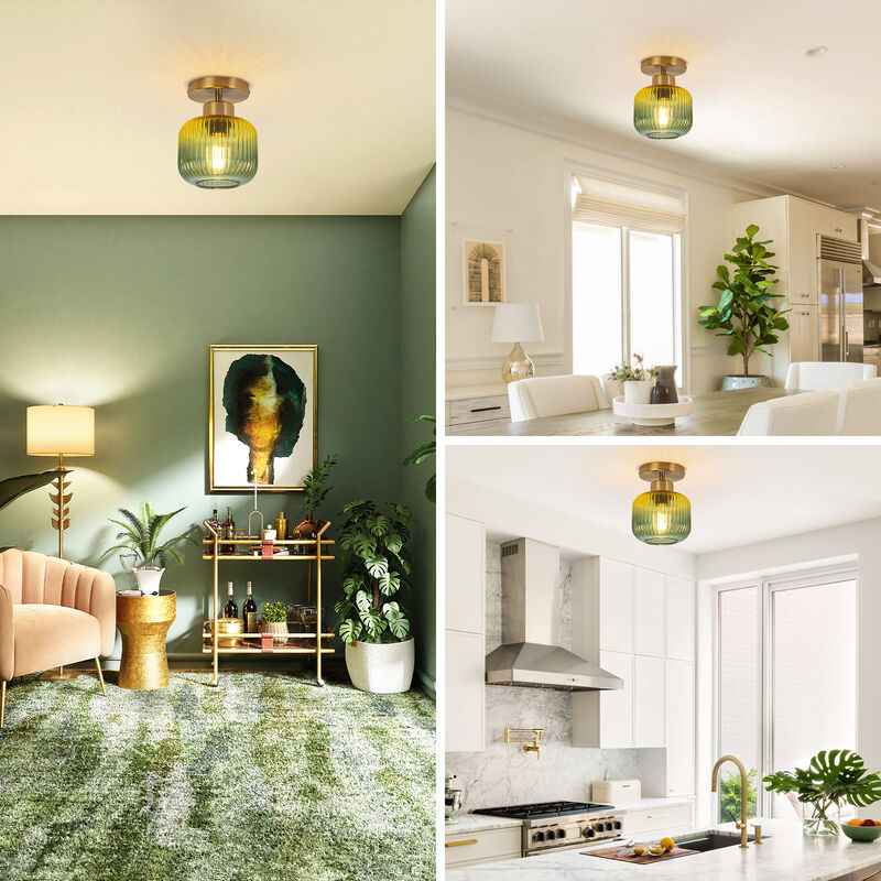 5.9" Vintage Green Glass Semi Flush Mount Ceiling Light