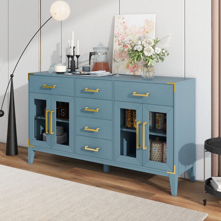 6drawer and 2Cabinet Retro Sideboard with Extra Large Storage Space, with Gold Handles and Solid Wood Legs, for Kitchen and Living Room (Antique Blue)