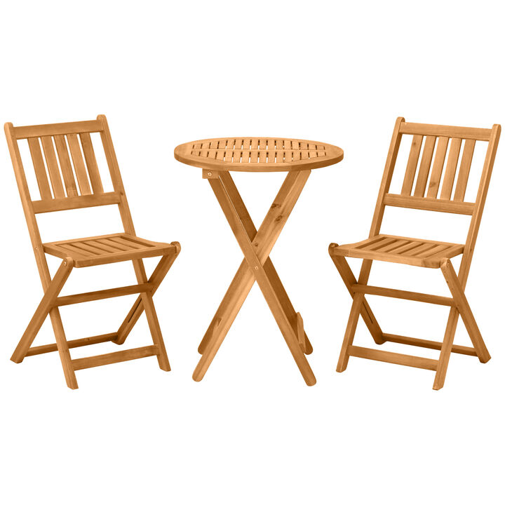 Outsunny 3-Piece Acacia Wood Bistro Set, Folding Patio Furniture with 2 Folding Chairs and Round Coffee Table, Teak, Slatted Finish, for Backyard, Balcony, Deck, Natural