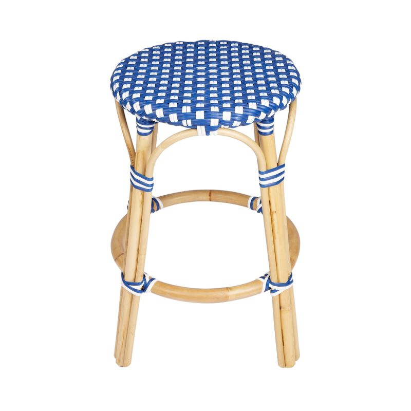 Hivvago 24 Inch Blue and White and Wood Brown Heavy Duty Rattan Backless Counter Height Bar Chair