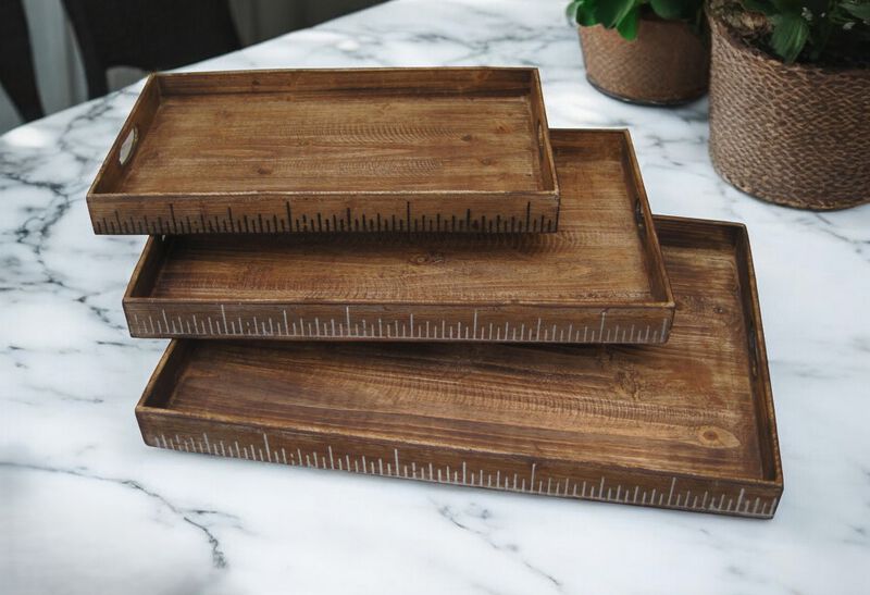 Wooden Serving Tray Set of 3 – Nesting Trays with Handles for Rustic Farmhouse Style Home Décor