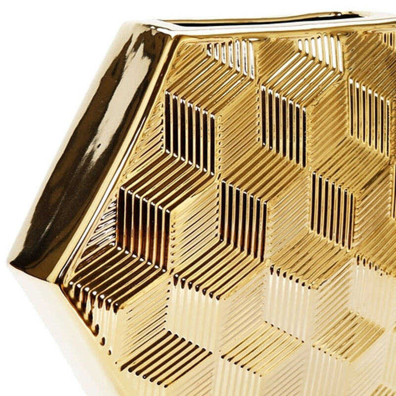 HomeRoots 13" Gold Geometric Ceramic Table Vase With Sculptural Details image number 2