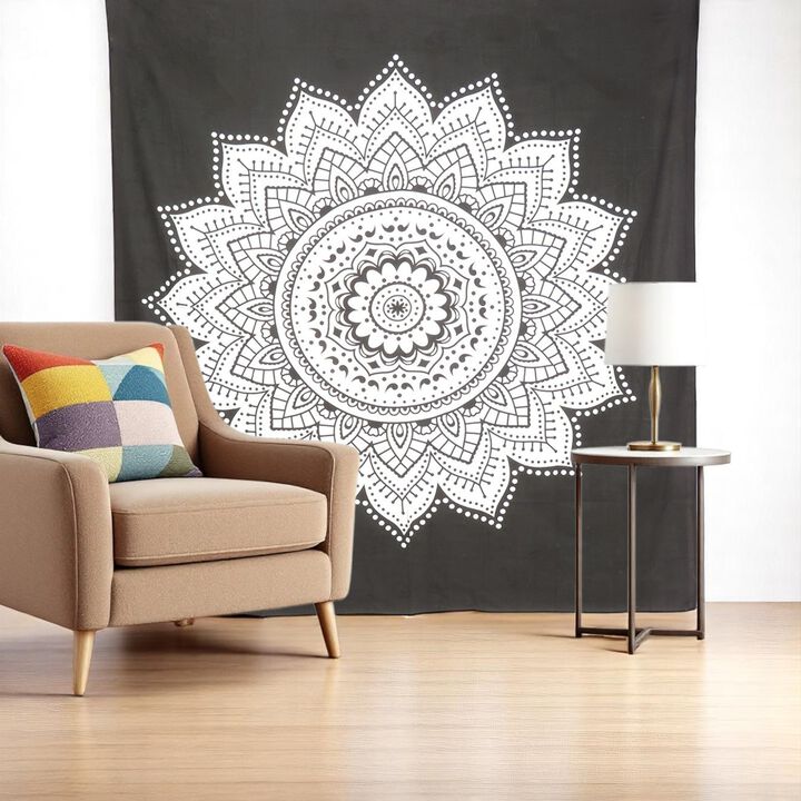 HomeRoots 92" X 84" Black And White Mandala Cotton Hanging Tapestry